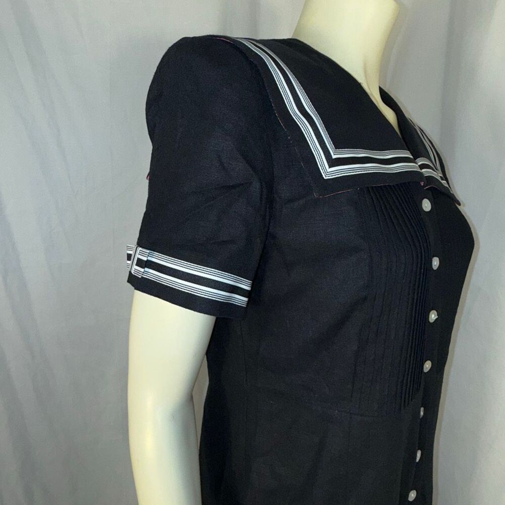 Vintage 90s Jessica Howard Petite Black Linen Blend Sailor Midi Dress Nautical P - Picture 3 of 16